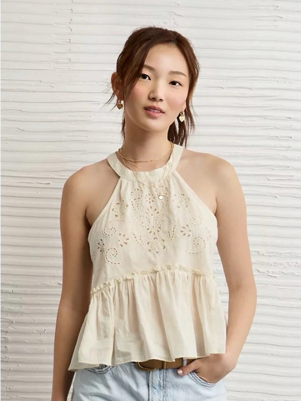New NWT XS American Eagle Embroidered Eyelet Halter Peplum Babydoll Top Cream 10